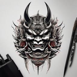 Samurai Demon Mask Tattoo - Depicts a demonic mask alongside samurai elements in a powerful tattoo design.  simple color tattoo,white background,minimal