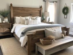 Farmhouse master bedroom offers a large wooden bed frame, soft linen duvet, and rustic decor that creates a warm and welcoming atmosphere.  