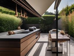 In the outdoor kitchen, Japandi interior design showcases sleek surfaces, natural materials, and a minimalist aesthetic that enhance outdoor cooking and entertaining experiences.  