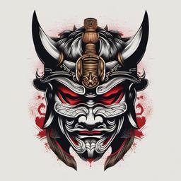 traditional samurai mask tattoo  simple color tattoo,white background,minimal