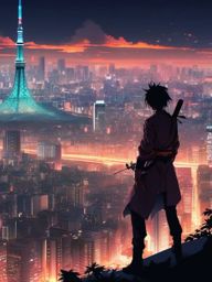 Anime Cool Wallpaper - Epic Anime Showdown in Tokyo Skyline  wallpaper style, intricate details, patterns, splash art, light colors
