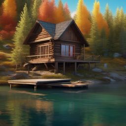Rustic wooden cabin, weathered by time and surrounded by crystal-clear lake, exudes sense of solitude and serenity, inviting those seeking solace. hyperrealistic, intricately detailed, color depth,splash art, concept art, mid shot, sharp focus, dramatic, 2/3 face angle, side light, colorful background