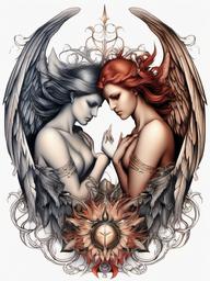 Angel and Demon Tattoo-Classic and symbolic tattoo featuring both angels and demons, capturing themes of duality.  simple color tattoo,white background