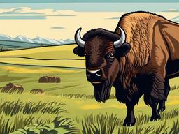 Bison Cartoon - Cartoon of bison grazing in meadow  