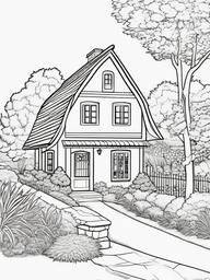 House Coloring Pages - Cozy cottage with a thatched roof and garden  simple coloring pages