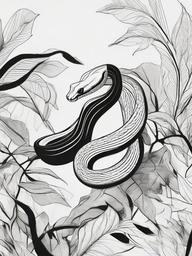 drawing of a snake slithering through leaves  minimal rough sketch scribbles,doodles,black and white