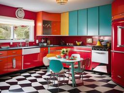 Retro kitchen with colorful appliances, geometric flooring, and a 1950s-style dining set offers a fun, vibrant throwback.  