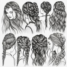 drawing of braided hair in intricate patterns  minimal rough sketch scribbles,doodles,black and white