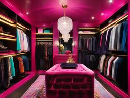 In the walk-in closet, maximalist interior design includes a vibrant mix of clothing, bold lighting, and eclectic decor that create a stylish and visually stimulating dressing area.  