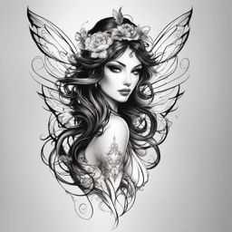 black and white fairy tattoo  simple color tattoo style,white background