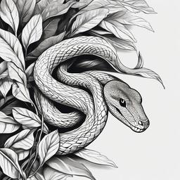 drawing of a snake slithering through leaves  minimal rough sketch scribbles,doodles,black and white