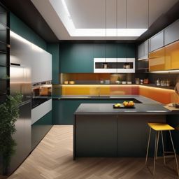 Geometric Modern Kitchen - Design a modern kitchen with geometric patterns and shapes. , kitchen layout design ideas, multicoloured, photo realistic, hyper detail, high resolution,