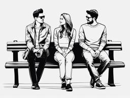 drawing of friends sitting on a bench  minimal rough sketch scribbles,doodles,black and white