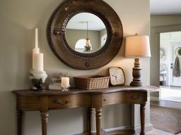 In the entryway, vintage interior design showcases a distressed console table, antique mirror, and whimsical decor that provides a charming welcome to guests.  