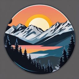 Sunrise over snowy mountains sticker- Alpine glow, , sticker vector art, minimalist design