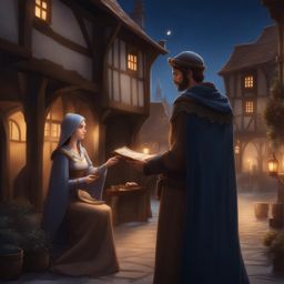 holo negotiates a trade deal with a merchant under a starry sky in a medieval town. 