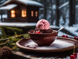 chocolate cherry cordial ice cream relished at a cozy cabin in a snowy forest. 