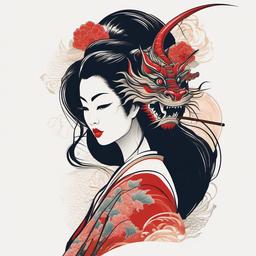 Dragon Geisha Tattoo - Fusion of a dragon and geisha elements in a tattoo.  simple color tattoo,minimalist,white background