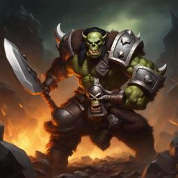 grommash skullcrusher, an orc barbarian, is charging into battle with a massive warhammer. 
