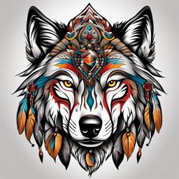 Wolf Tattoo Indian,tattoo celebrating the Native American spirit and the essence of the untamed wolf. , color tattoo design, white clean background