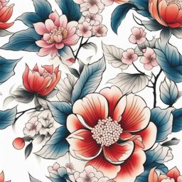 Japanese flower tattoo, Tattoos inspired by various flowers in Japanese culture. colors, tattoo patterns, clean white background