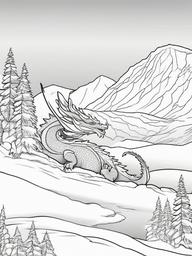 Dragon in a Snowy Landscape Coloring Pages - Ice Creature in a Winter Scene  minimal black outline printable sheet, coloring page