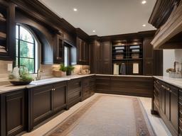 A utility room designed with Italian Renaissance interior design includes beautiful cabinetry, elegant accents, and a classic layout that makes chores feel stylish and manageable.  