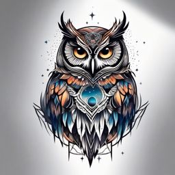 Majestic owl tattoo through open skies.  color tattoo style, minimalist design, white background