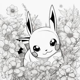 drawing of Pikachu surrounded by flowers  minimal rough sketch scribbles,doodles,black and white