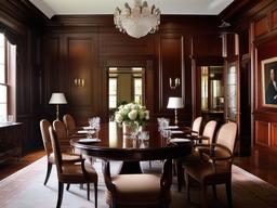 Georgian dining room combines elegant wood paneling, a large mahogany table, and classic crown molding for a formal and stately atmosphere.  