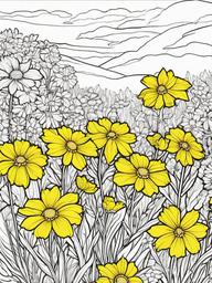 Coreopsis coloring page sheet - Coreopsis flowers lighting up a garden bed in bright yellow.  black outline printable coloring page