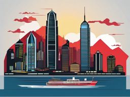 Hong Kong clipart - Hong Kong skyline with Victoria Harbour,  color vector clipart