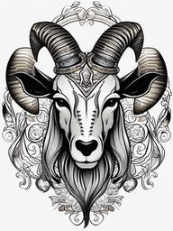 Skull Goat Tattoo - A tattoo featuring a goat design with skull elements.  simple color tattoo design,white background