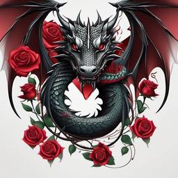 Dragon With a Rose Tattoo - Tattoos combining dragon elements with roses for a romantic touch.  simple color tattoo,minimalist,white background