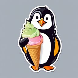 Penguin with Ice Cream Sticker - A penguin enjoying a tasty ice cream cone. ,vector color sticker art,minimal