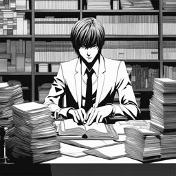 light yagami writes names in the death note while sitting at a meticulously organized desk. 