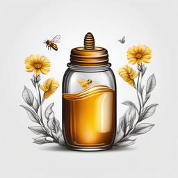 Honey Jar Tattoo - Showcase the classic and timeless image of a honey jar in a tattoo, symbolizing the sweetness and richness of this golden nectar.  simple tattoo,minimalist,white background draw in pencil style