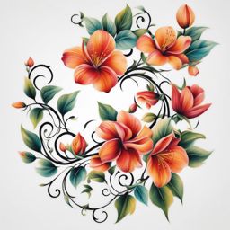 Floral vine tattoo, Elegant tattoos featuring vines adorned with floral elements.  vivid colors, white background, tattoo design