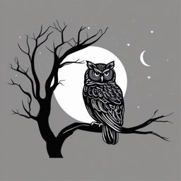 Owl Clipart - Owl perched on a tree branch under the moonlight , minimal, 2d