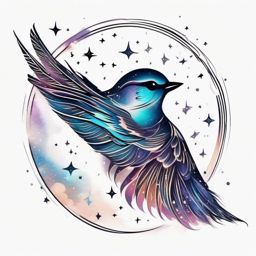 Sparrow tattoo reaching for stars in ethereal space.  color tattoo style, minimalist design, white background