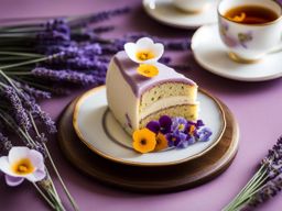 lavender earl grey cake with edible flowers, indulged at a high tea ceremony. 