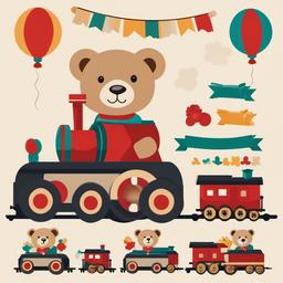 Teddy Bear clipart - teddy bear and a toy train set  color,minimalist,vector clipart