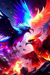 phoenix vs roc - elemental birds of fire and stone engage in a celestial aerial battle, flames and boulders cascading. 