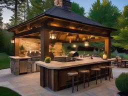 In the outdoor kitchen, rustic interior design showcases a wooden bar, vintage accents, and natural landscaping that enhance cooking and entertaining experiences in a charming setting.  