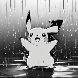 drawing of Pikachu in the rain  minimal rough sketch scribbles,doodles,black and white