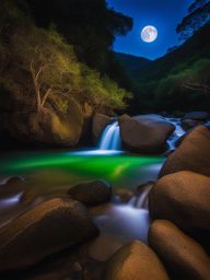 sierra gorda - paint the serene night view of sierra gorda, a biosphere reserve with lush landscapes, caves, and hidden waterfalls, all illuminated by moonlight. 