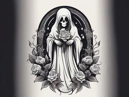 Ghost Holding Flowers Tattoo-Mystical beauty, symbolism of life and supernatural elegance.  simple vector color tattoo