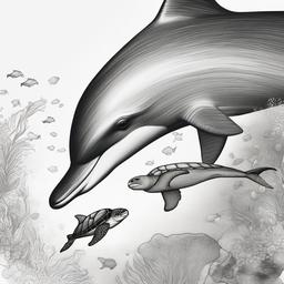 drawing of a dolphin and a sea turtle  minimal rough sketch scribbles,doodles,black and white