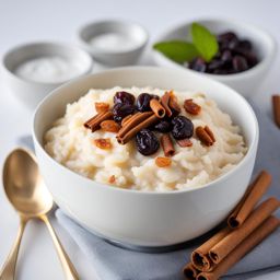 rice pudding with creamy rice, cinnamon, and raisins. 