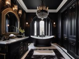 A master bathroom with Gothic interior design incorporates rich marble surfaces, ornate fixtures, and deep colors that create an extravagant atmosphere for self-care and relaxation.  